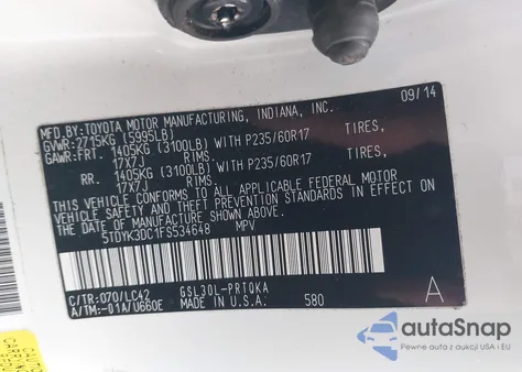 2015 Toyota Sienna Xle 8 Passenger z USA, uszkodzony, nr VIN 5TDYK3DC1FS534648